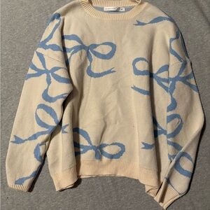 Altar'd State Cream and Blue Ribbon Oversized Sweater